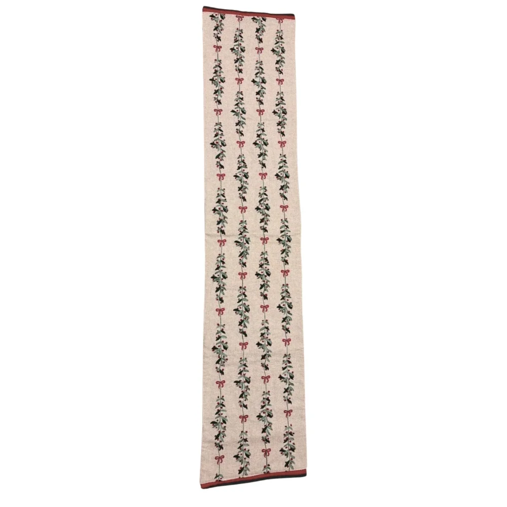 TAHARI Home Christmas Table Runner Natural Red and Green Holly Silver 16